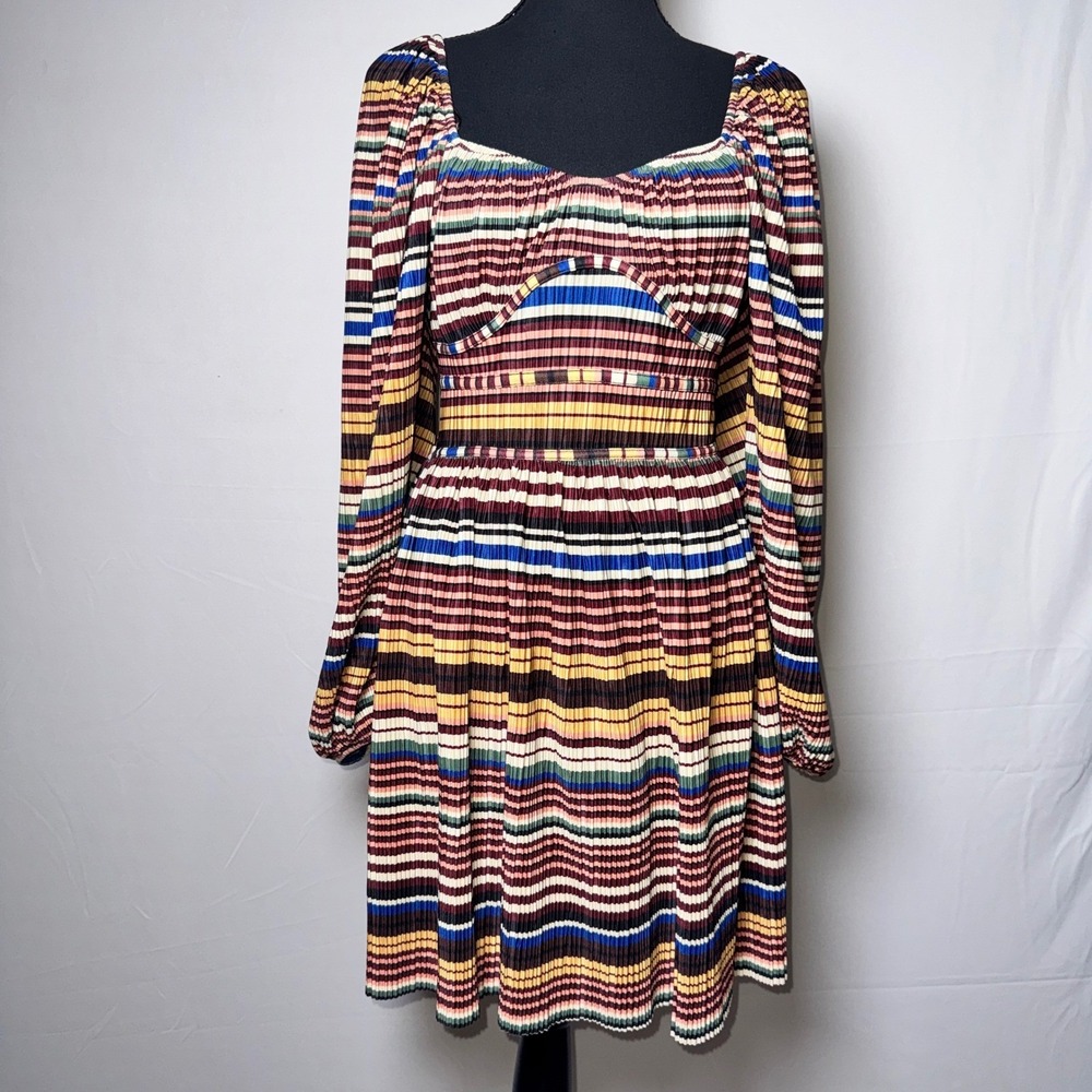 Zara Multi-Color Striped Mini Dress Square Neck Long Sleeve NWT S Peasant Boho